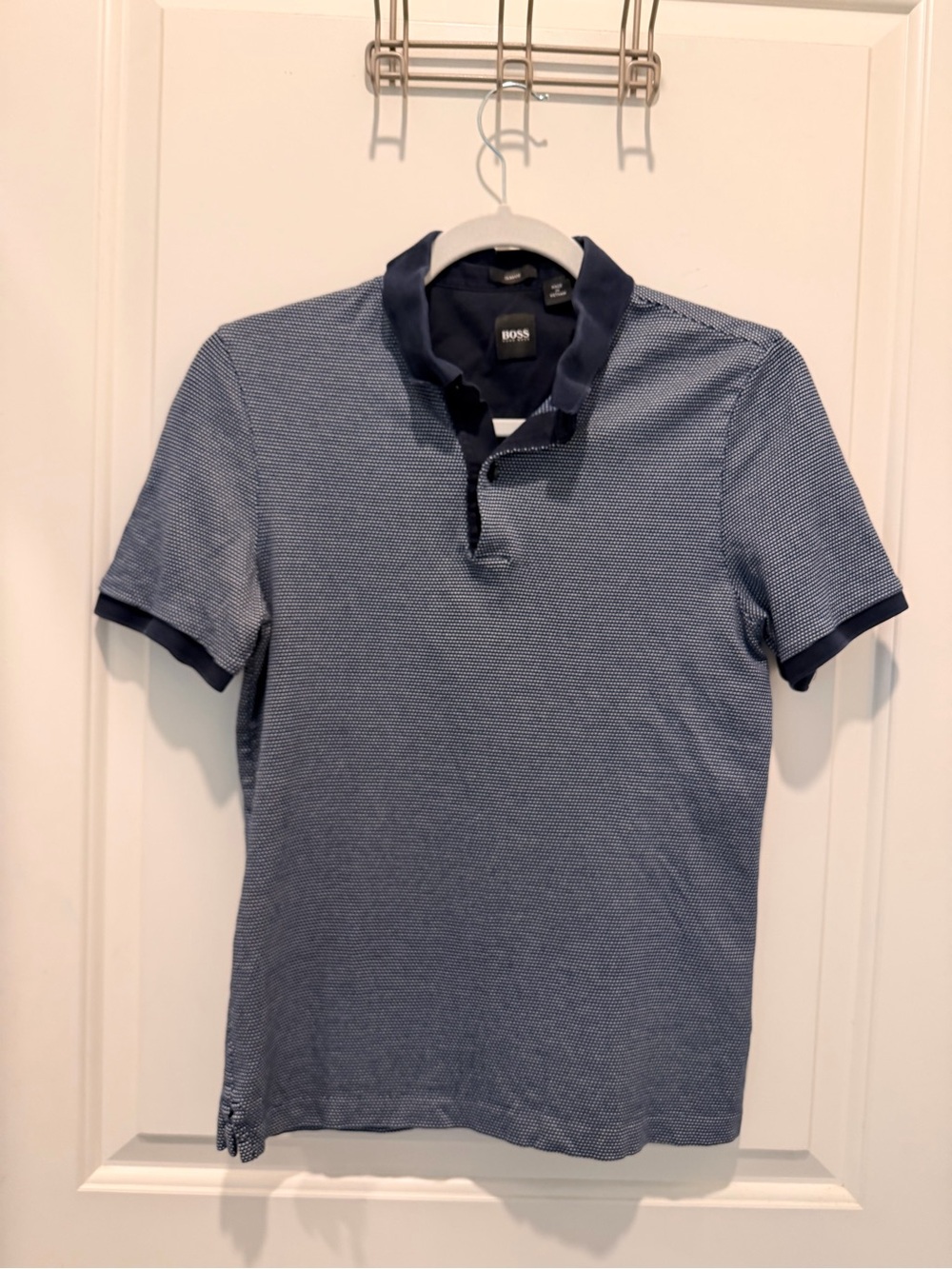 Hugo Boss Slim Fit Blue
Geometric Knit Cotton Short
Sleeve Polo Shirt Size S